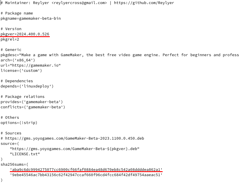 a picture of the gamemaker-beta-bin aur package PKGBUILD file, with the text pkgver and a checksum being highlighted in red