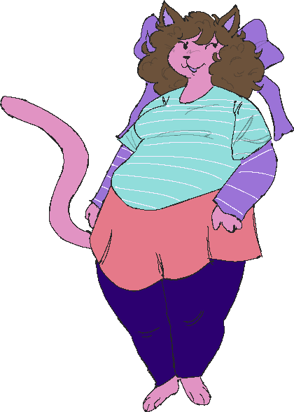 a drawing of my sona, that being a big pink anthro cat with brown hair and brown/purple ears, wearing a blue and purple shirt, an orange skirt with blue panty hose under neath, and a big purple bow at the back of its head, standing in front of a single colored orange background