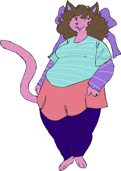 a drawing of my sona, that being a big pink anthro cat with brown hair and brown/purple ears, wearing a blue and purple shirt, an orange skirt with blue panty hose under neath, and a big purple bow at the back of its head, standing in front of a single colored orange background